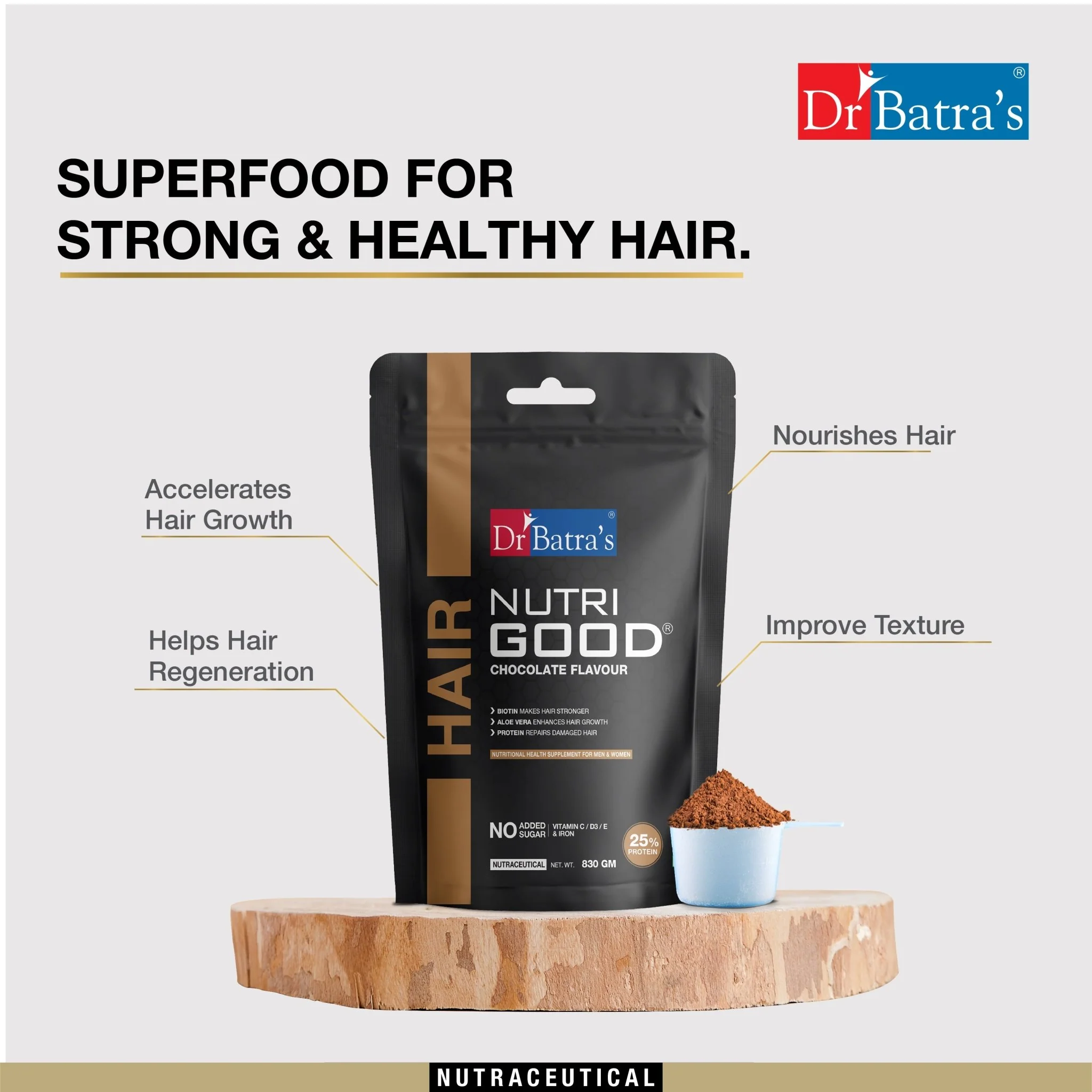 Dr Batra’s NutriGood+ Chocolate Flavour | Hair Nutrition Supplement for Growth & Strength | For Men & Women- 830gm - Image 4