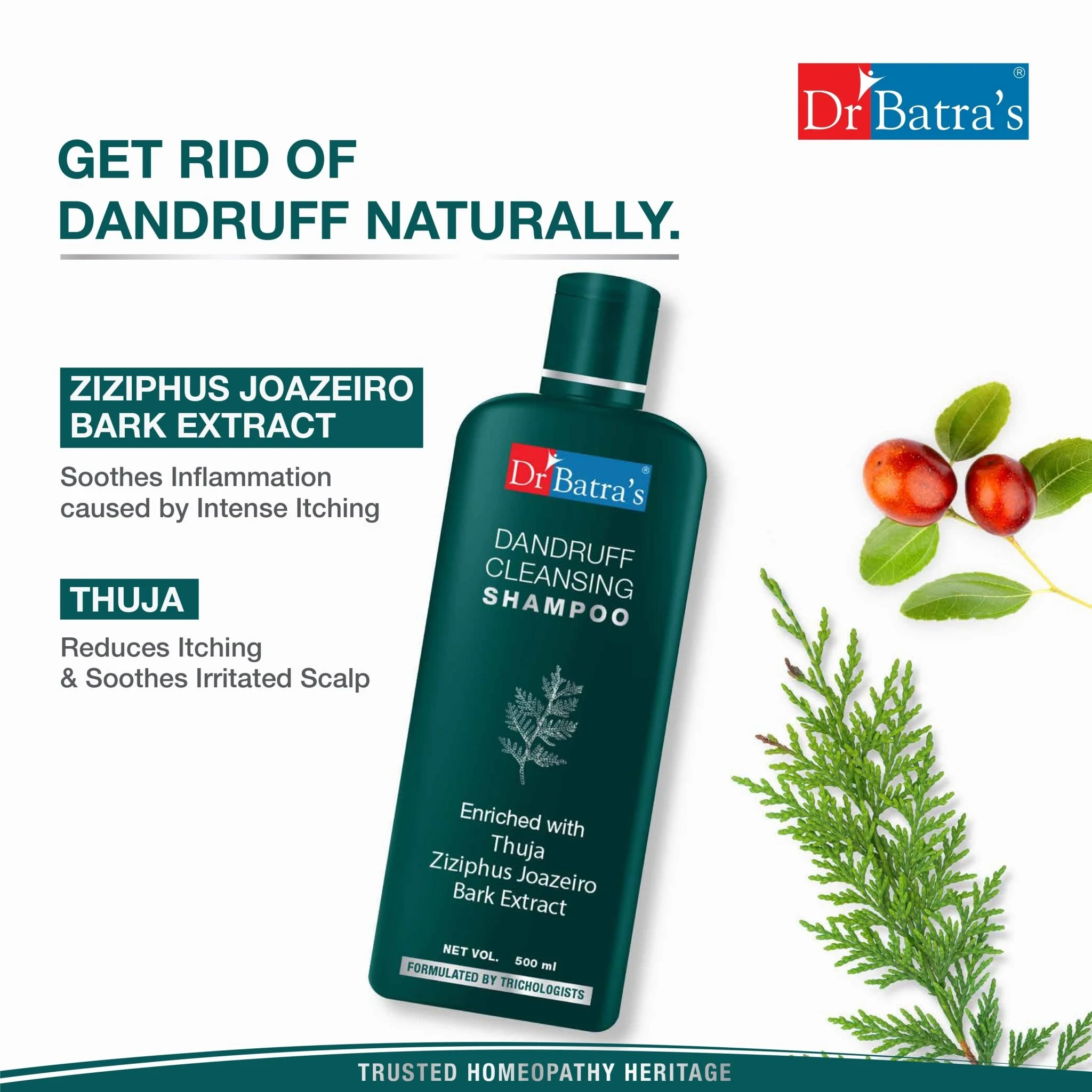Dr Batra's® Dandruff Cleansing Shampoo – Tea Tree Oil, Thuja & Ziziphus Extract | Anti-Dandruff, Soothes Itchy Scalp & Reduces Flakes | Herbal Shampoo for Men & Women - Image 3