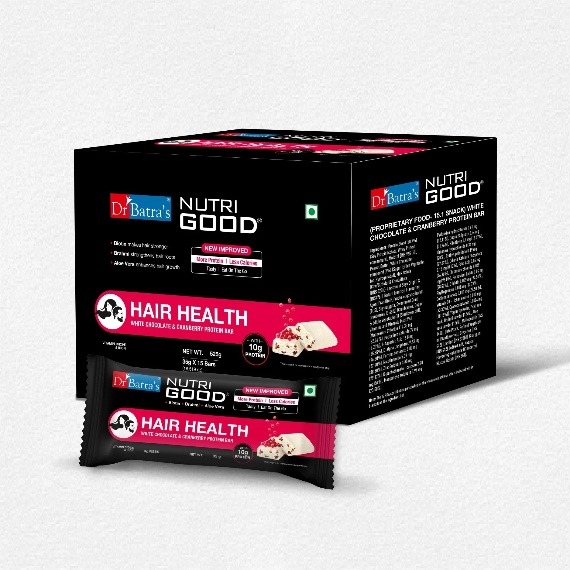 Dr Batra's NutriGood Hair Health Protein Bar -10g of protein per bar | Pack of 15 - 525g