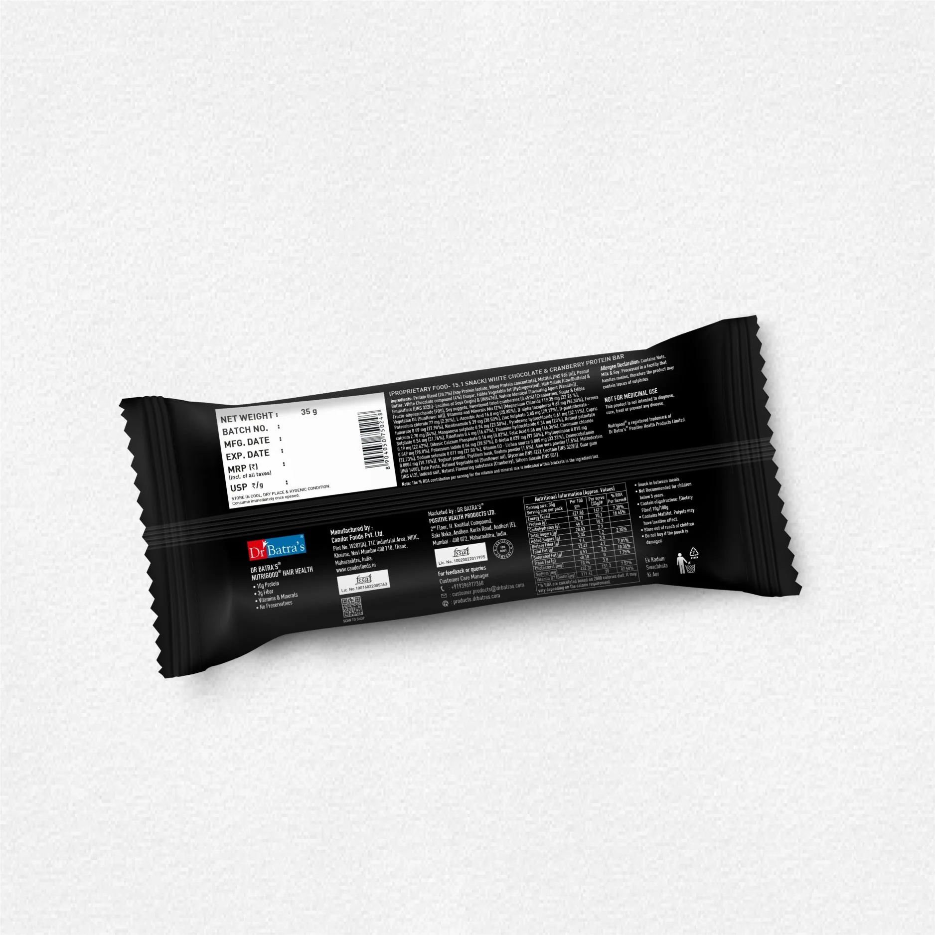 Dr Batra's NutriGood Hair Health Protein Bar -10g of protein per bar | Pack of 15 - 525g - Image 6
