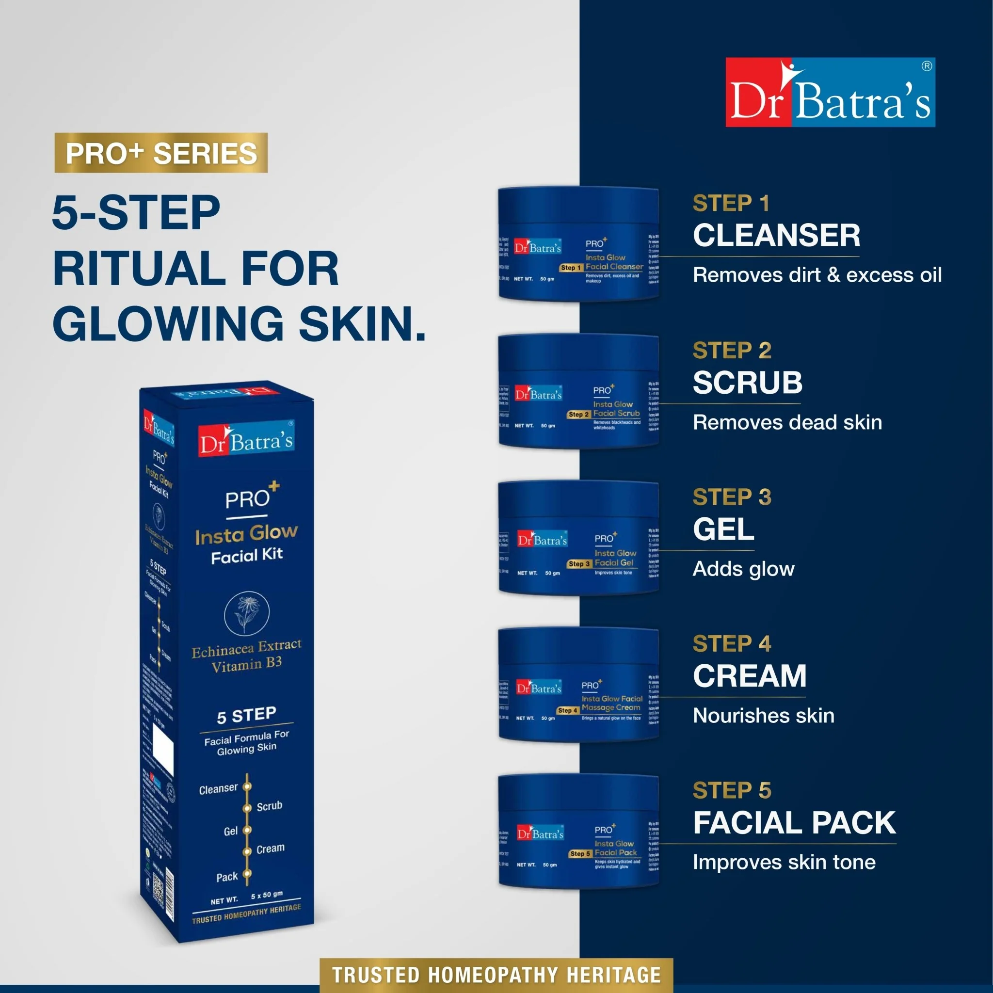 Dr Batra’s PRO+ Insta Glow Facial Kit – Salon Like Facial at Home | Brightening & Radiance Boosting | 5 Step Kit with Cleanser, Scrub, Gel, Cream & Pack - Image 4